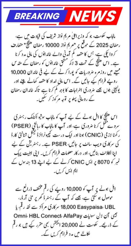 CM Punjab Ramzan Package 2025 Start by Maryam Nawaz: Payment of Rs 10,000 for Low-Income Families